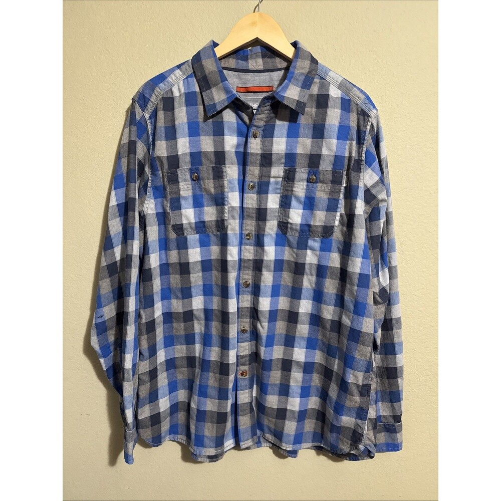 The North Face Mens Blue Gray Plaid Cotton Blend Flannel Button-Up Shirt Sz XL